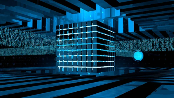 Computer core formed by cubes illuminated with blue light inside — Stock Photo, Image