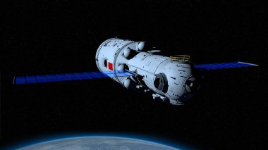 Tiangong 3-Çin uzay istasyonu Tianhe çekirdek modülünün 3D modeli yıldız arka plan ile siyah uzayda arkasındaki gezegen Earth yörüngeleme. 3D Illustration