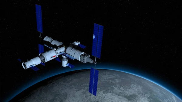 Tiangong 3-Çin uzay istasyonu yıldız arka plan ile siyah uzayda gezegen Earth yörüngeleme görünümü. 3D Illustration