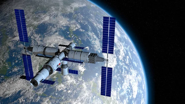 Tiangong 3-Çin uzay istasyonu yıldız arka plan ile siyah uzayda gezegen Earth yörüngeleme görünümü. 3D Illustration