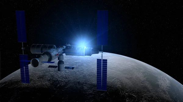 Tiangong 3-Çin uzay istasyonu yıldız arka plan ve gezegenin arkasında mavi ışık bir parlaklık ile siyah uzayda gezegen Earth yörüngeleme görünümü. 3D Illustration