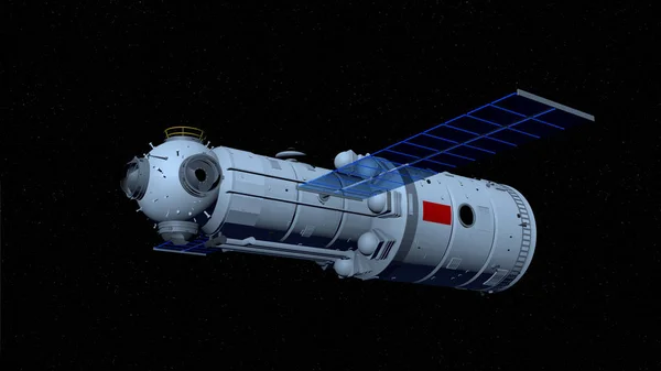 3D model of the TIANHE core module of the TIANGONG 3 - Chinese space station flying on black space with stars background. 3D Illustration