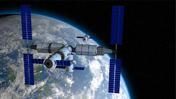 Shenzhou Tiangong 3 Tianhe çekirdek modülüne bağlantı yönünde uzay gemisi insanlı-yıldızlar arka plan ile siyah uzayda arkasındaki gezegen Earth ile Çin uzay istasyonu. 3D Illustration