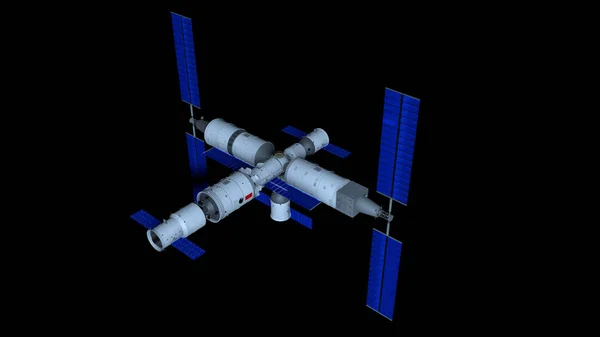 3D-model van de tiangong 3-Chinese Space Station met Tianhe core module, Shenzhou bemande ruimteschepen en geautomatiseerd tianzhou bevoorraden voertuig op zwarte achtergrond. 3D-illustratie — Stockfoto