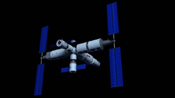 3D model of the TIANGONG 3 - Chinese Space Station with TIANHE core module, Shenzhou manned space vessels and automated Tianzhou resupply vehicle on black background. 3D Illustration