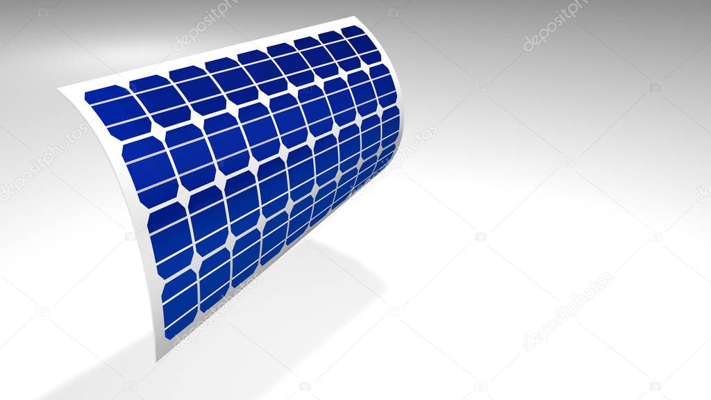 3D model of a thin flexible solar panel bending over white background - Renewable Energy - 3D Illustration