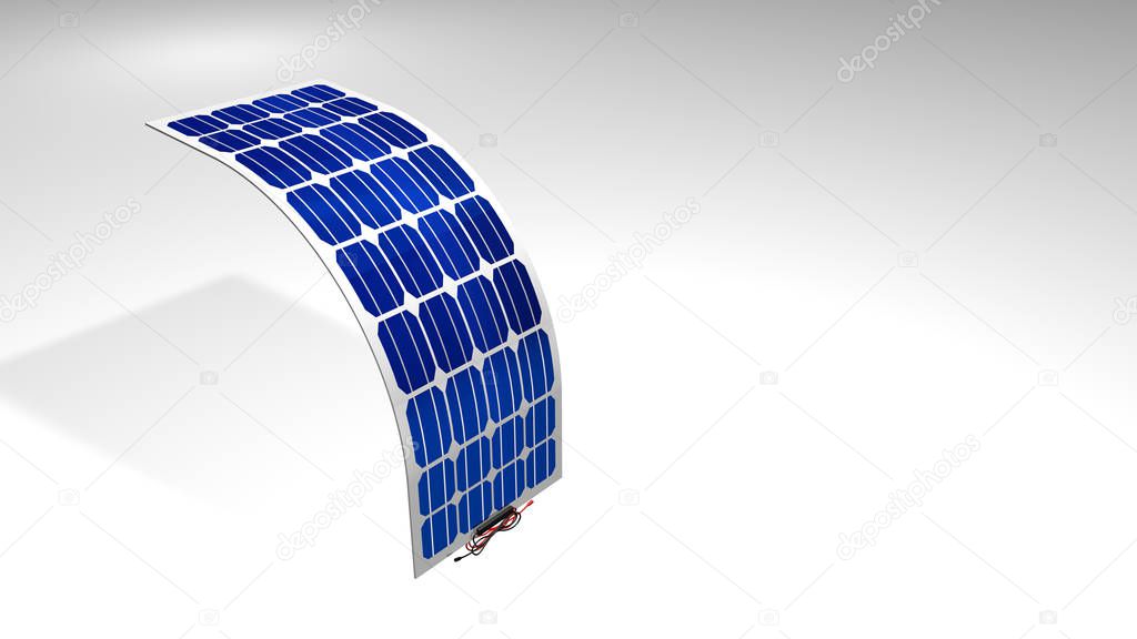 3D model of a flexible solar panel with black and red connection cables on white background - Renewable Energy - 3D Illustration