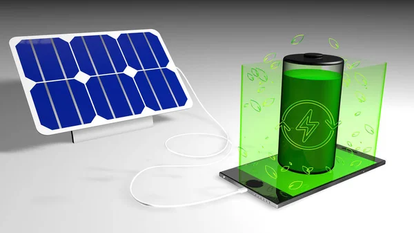 Solarpanel lädt ein Handy mit dem grünen Bildschirm, aus dem ein grüner Akku stammt, mit Blättern und grünem Energiesymbol auf weißem Hintergrund. 3D-Illustration — Stockfoto