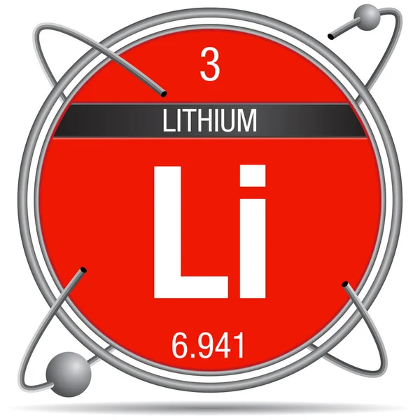 金属环内的锂符号 带有彩色背景和环绕的球体 元素周期表的元素 — 图库矢量图片