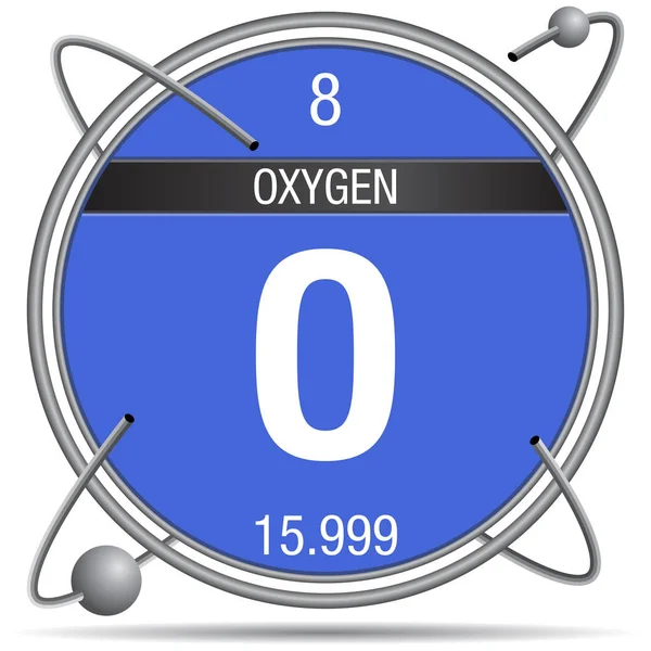 金属环内的氧符号 带有彩色背景和环绕的球体 元素周期表的元件8 — 图库矢量图片