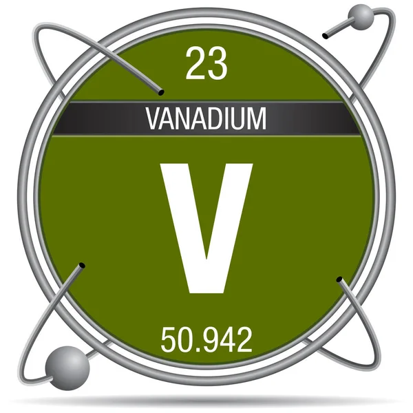 金属环内的金属环中的 Vandium 带有彩色背景和环绕的球体 元素周期表 的元素 — 图库矢量图片