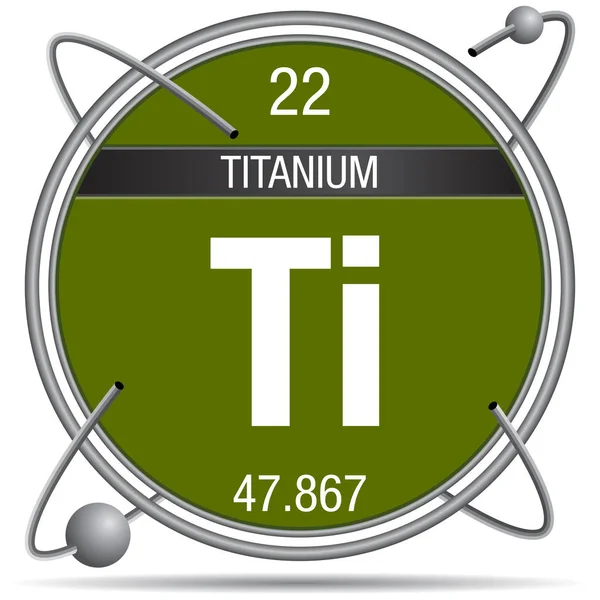 金属环内的钛符号 带有彩色背景和环绕的球体 元素周期表 的元素 — 图库矢量图片