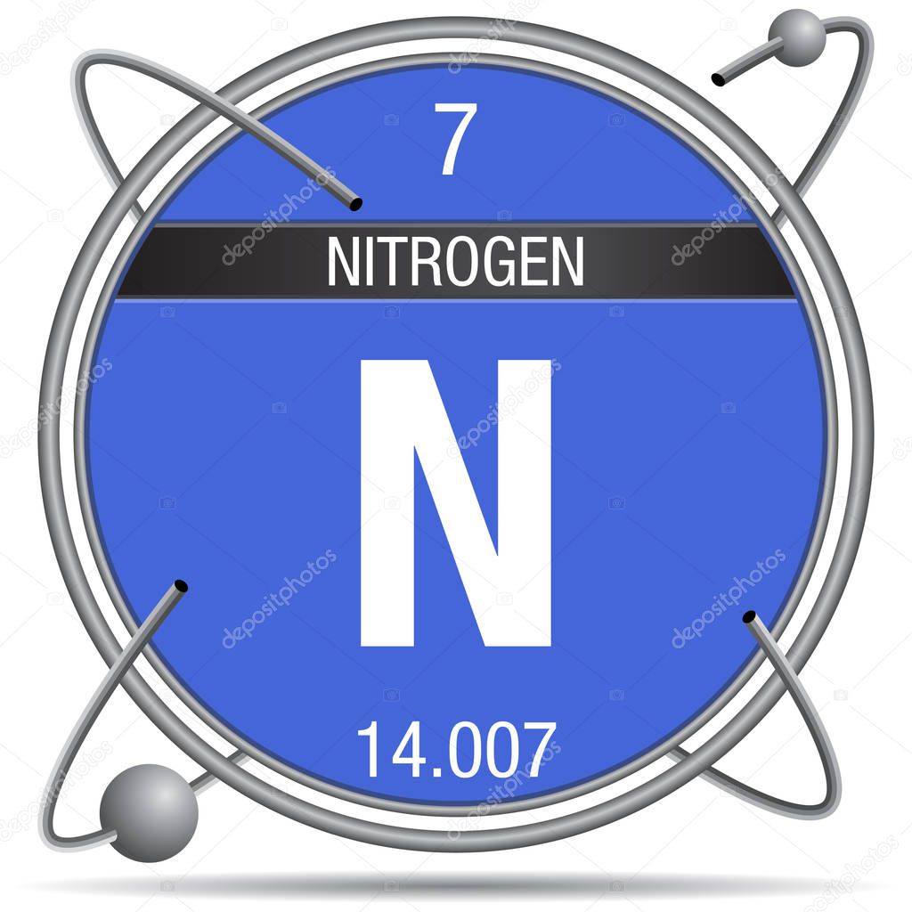 Nitrogen symbol inside a metal ring with colored background and spheres orbiting around. Element number 7 of the Periodic Table of the Elements - Chemistry