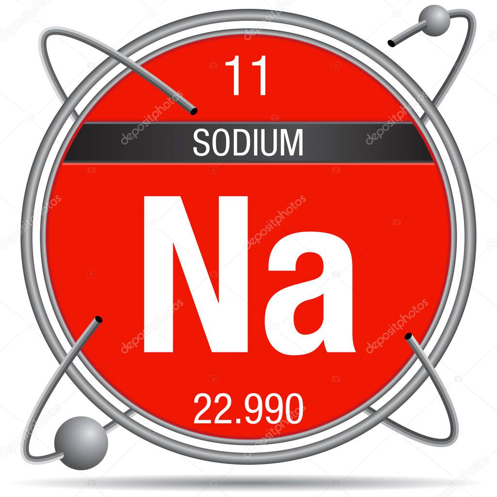 Sodium symbol inside a metal ring with colored background and spheres orbiting around. Element number 11 of the Periodic Table of the Elements - Chemistry 