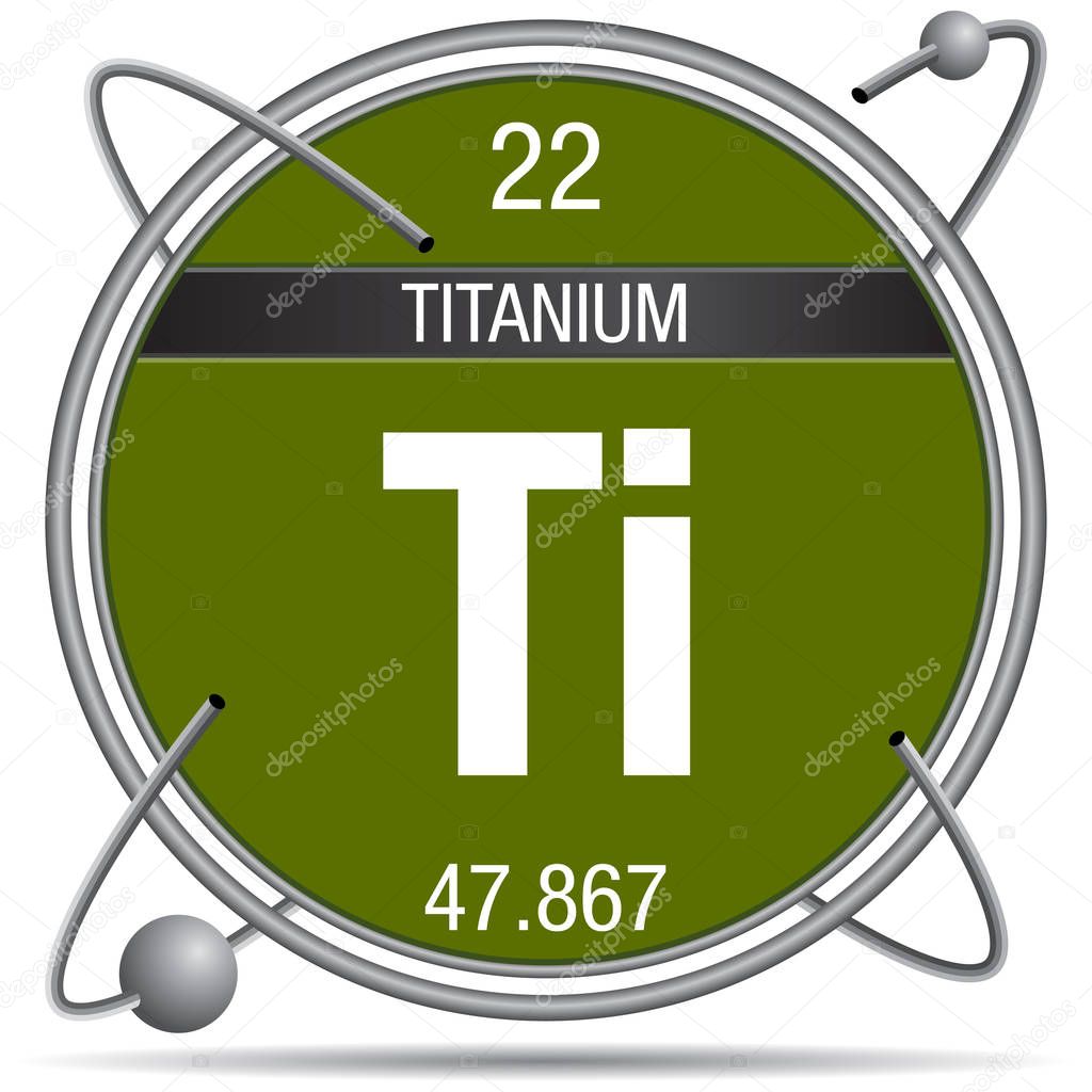 Titanium symbol  inside a metal ring with colored background and spheres orbiting around. Element number 22 of the Periodic Table of the Elements - Chemistry