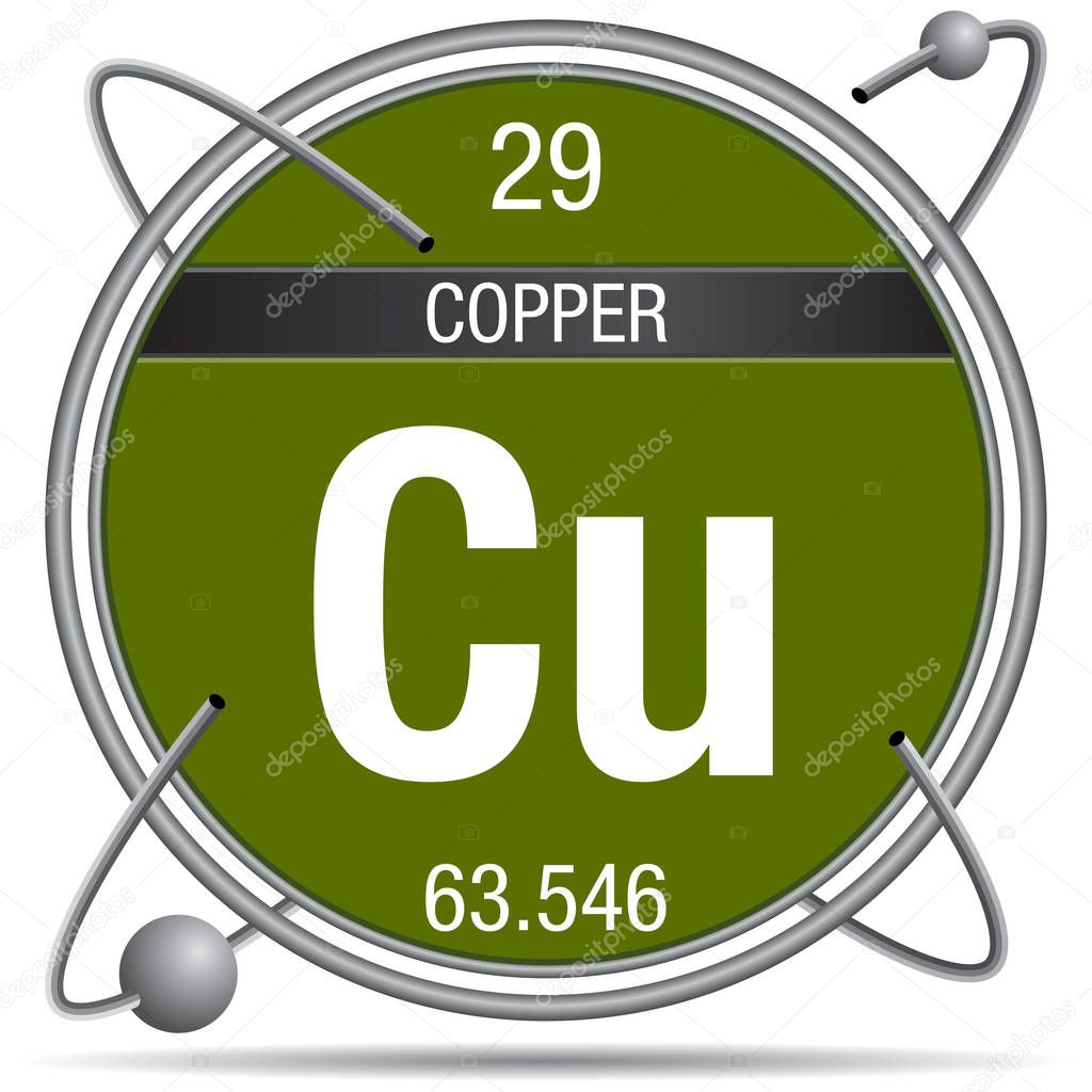 Copper symbol inside a metal ring with colored background and spheres orbiting around. Element number 29 of the Periodic Table of the Elements - Chemistry