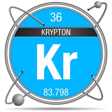 Renkli arka plan ve küreler etrafında dönen bir metal halka içinde Kripton sembolü. Elementlerin Periyodik Tablosunun 36.