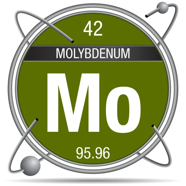 Molybdän Symbol Einem Metallring Mit Farbigem Hintergrund Und Umkreisenden Kugeln — Stockvektor