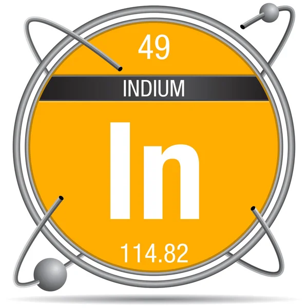 Indium Symbol Einem Metallring Mit Farbigem Hintergrund Und Umkreisenden Kugeln — Stockvektor