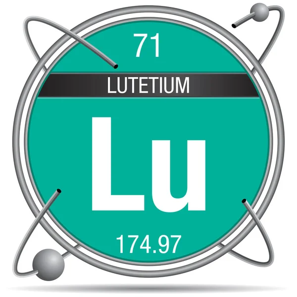 Lutetium Symbol Einem Metallring Mit Farbigem Hintergrund Und Umkreisenden Kugeln — Stockvektor