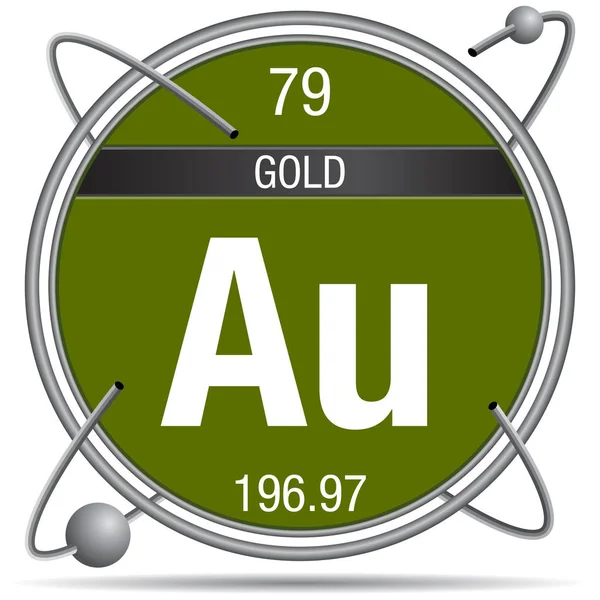 金属环内的黄金符号 带有彩色背景和环绕的球体 元素周期表第79号 — 图库矢量图片