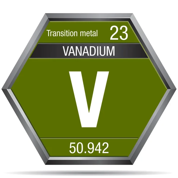 Símbolo Vanadio Forma Hexágono Con Marco Metálico Elemento Número Tabla — Vector de stock