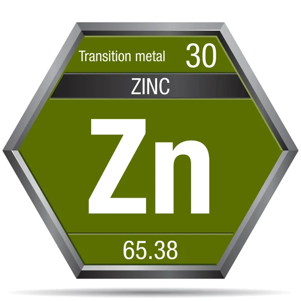 Símbolo de zinc en forma de hexágono con marco metálico. Elemento