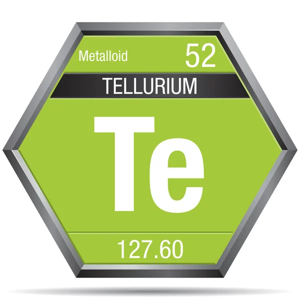 Simbol Telurium Dalam Bentuk Heksagon Dengan Bingkai Logam Unsur Nomor - Stok Vektor