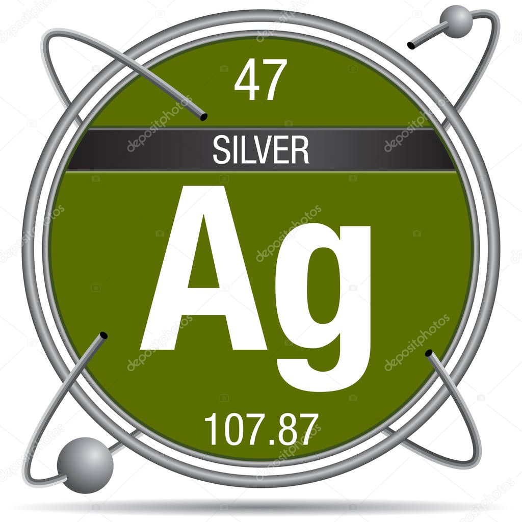 Silver symbol inside a metal ring with colored background and spheres orbiting around. Element number 47 of the Periodic Table of the Elements - Chemistry