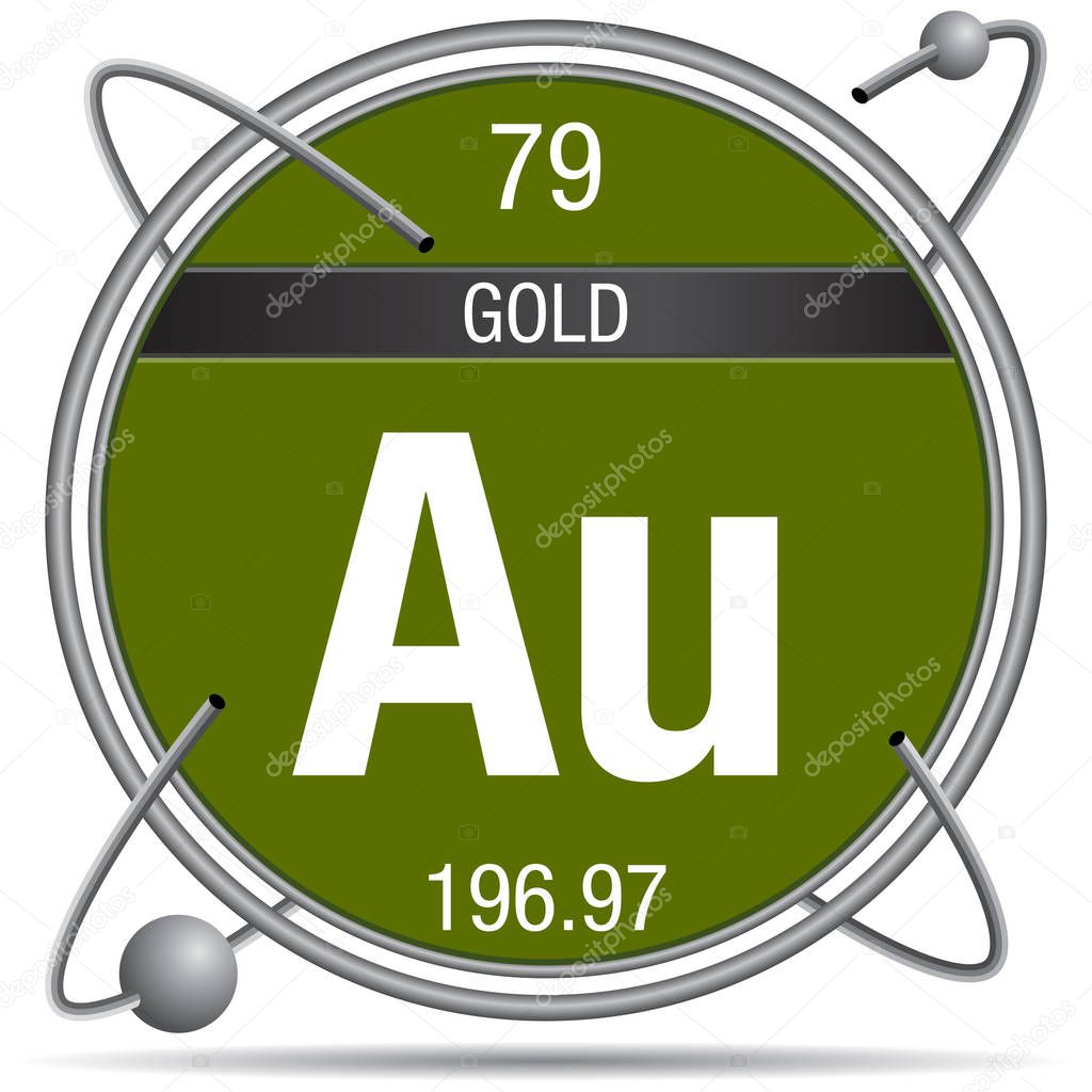 Gold symbol  inside a metal ring with colored background and spheres orbiting around. Element number 79 of the Periodic Table of the Elements - Chemistry