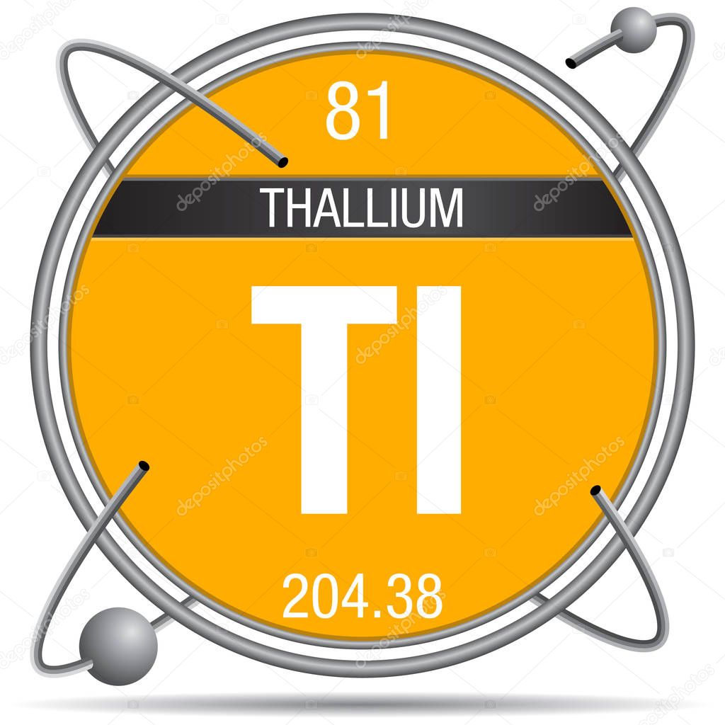 Thallium symbol  inside a metal ring with colored background and spheres orbiting around. Element number 81 of the Periodic Table of the Elements - Chemistry