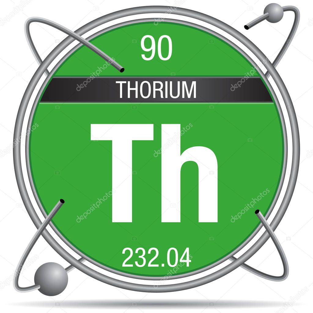 Thorium symbol  inside a metal ring with colored background and spheres orbiting around. Element number 90 of the Periodic Table of the Elements - Chemistry