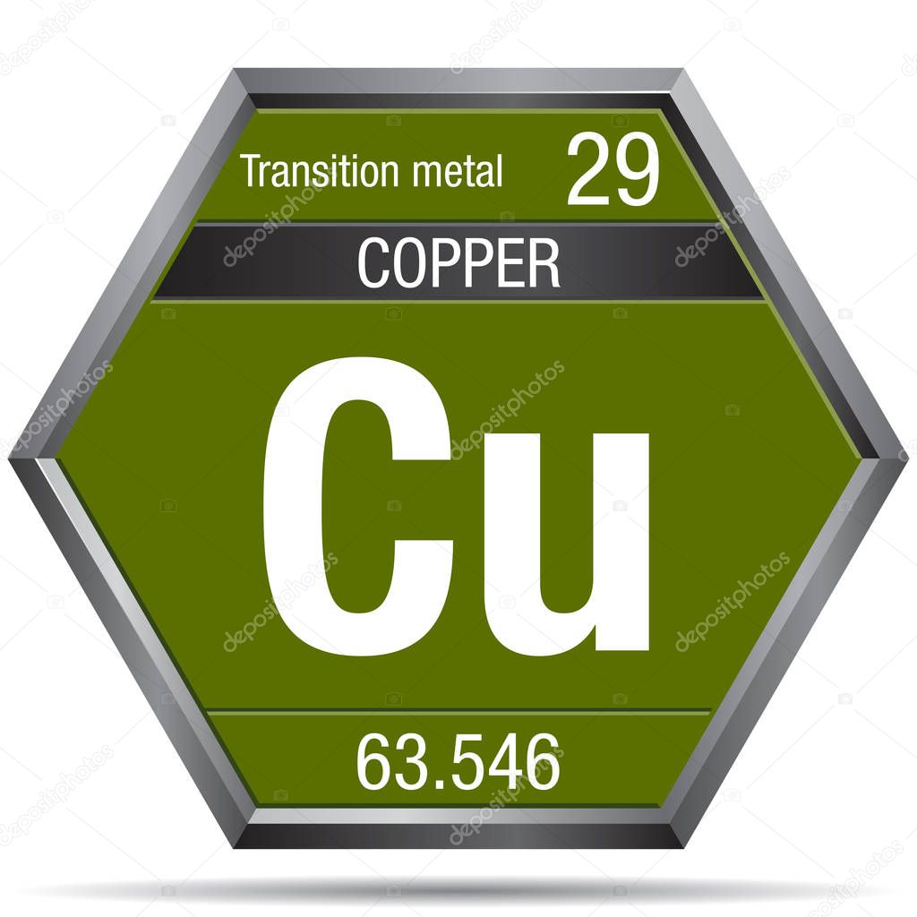 Copper symbol in the form of a hexagon with a metallic frame. Element number 29 of the Periodic Table of the Elements - Chemistry
