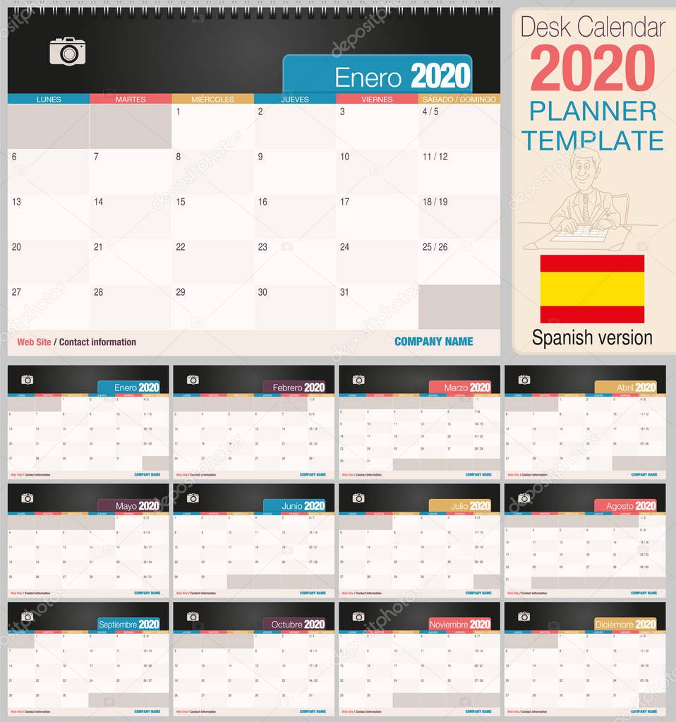 Useful desk calendar 2020 with space to place a photo. Size: 210 mm x 148 mm. Spanish version - Vector image