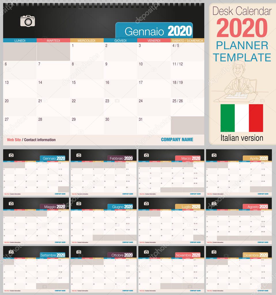 Useful desk calendar 2020 with space to place a photo. Size: 210 mm x 148 mm. Italian version - Vector image
