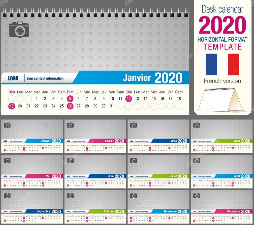 Useful desk triangle calendar 2020 template, with space to place a photo. Size: 22 cm x 12 cm. Format horizontal. French version