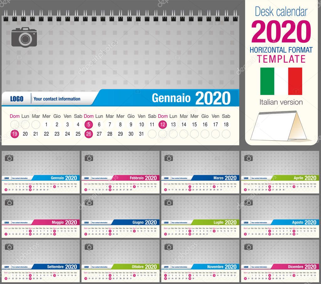 Useful desk triangle calendar 2020 template, with space to place a photo. Size: 22 cm x 12 cm. Format horizontal. Italian version