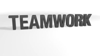Word Teamwork, kamera soldan sağa doğru hareket ederken parçacıkların çözülmesi yoluyla Başarı sözcüğüne dönüşür. Beyaz arka plan daki siyah harfler. 3d Animasyon