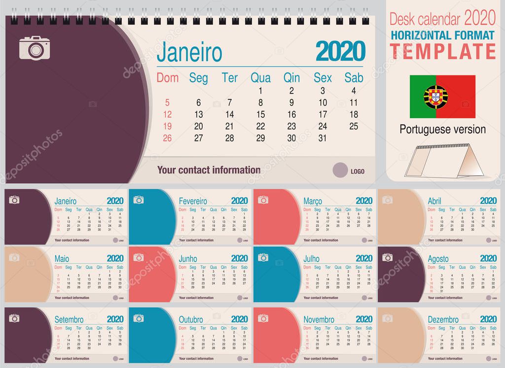 Useful desk triangle calendar 2020 template, with space to place a photo. Size: 22 cm x 10 cm. Format horizontal - Portuguese version. Vector image