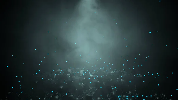 View of a destroyed surface with the messy blocks in the middle of the darkness illuminated by a blue light with fog and blue spheres falling on black background. 3D Illustration — Stock Photo, Image