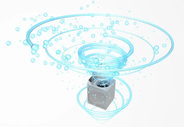 开门时，洗衣机的顶视图是蓝色的水喷射，呈螺旋状，气泡漂浮在白色背景中。3d 插图 — 图库照片