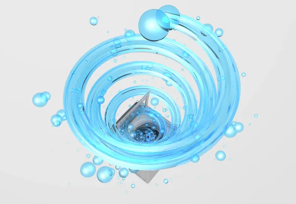 Bovenaanzicht van kleren wasmachine met de deur open, binnen komt een blauwe waterstraal in de vorm van een spiraal met bubbels drijvend in witte achtergrond. 3D-illustratie — Stockfoto