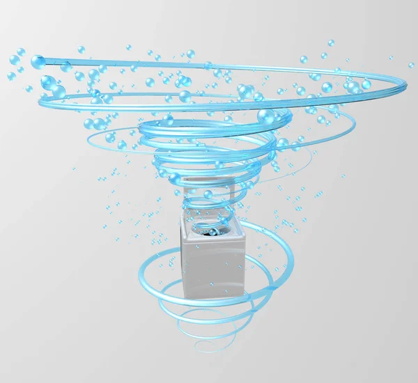 Vista frontal de la lavadora de ropa con la puerta abierta, en su interior viene un chorro de agua azul en forma de una espiral con burbujas flotando en el fondo blanco. Ilustración 3D — Foto de Stock