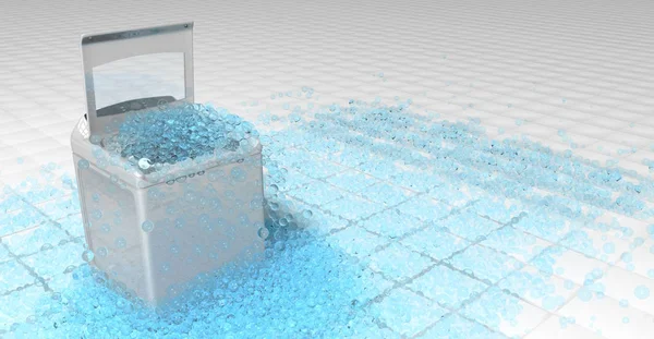 Pračka bílých oděvů s otevřenými dveřmi, na nichž modré kulaté bubliny přetékají pod podlahou bílých čtverečků. 3D ilustrace — Stock fotografie