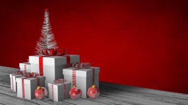 Kırmızı bir arka plan üzerinde kırmızı topları ve beyaz Noel ağacı ile süslenmiş beyaz ahşap zemin üzerinde kurdele ve kırmızı yay ile beyaz hediye kutuları grubunun ön görünümü. 3d İllüstrasyon