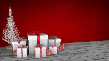 Kırmızı bir arka plan üzerinde kırmızı topları ve beyaz Noel ağacı ile süslenmiş beyaz ahşap zemin üzerinde kurdele ve kırmızı yay ile beyaz hediye kutuları grubunun ön görünümü. 3d İllüstrasyon