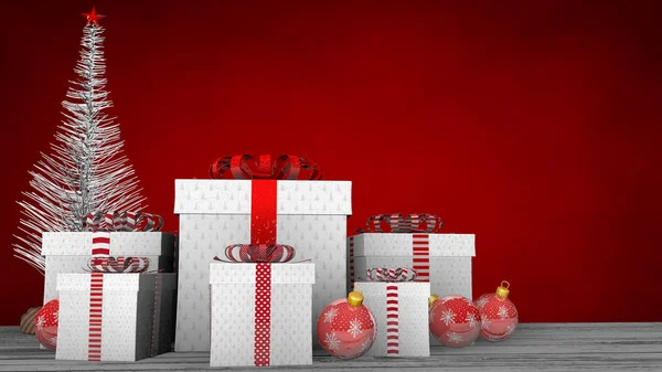 Kırmızı bir arka plan üzerinde kırmızı topları ve beyaz Noel ağacı ile süslenmiş beyaz ahşap zemin üzerinde kurdele ve kırmızı yay ile beyaz hediye kutuları grubunun ön görünümü. 3d İllüstrasyon
