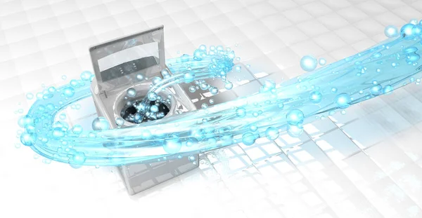 开门时，洗衣机的顶视图是蓝色的水喷射，呈螺旋状，气泡漂浮在白色方块的地板上。3d 插图 — 图库照片