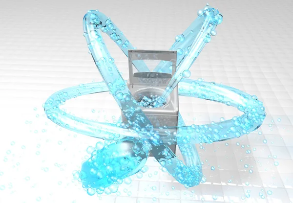 Čelní pohled na modrý vodní proud s bublinami vychází z vnitřku prádelníku a 3 krát se točí kolem pračky na bílém čtvercové podlaze. 3D ilustrace — Stock fotografie