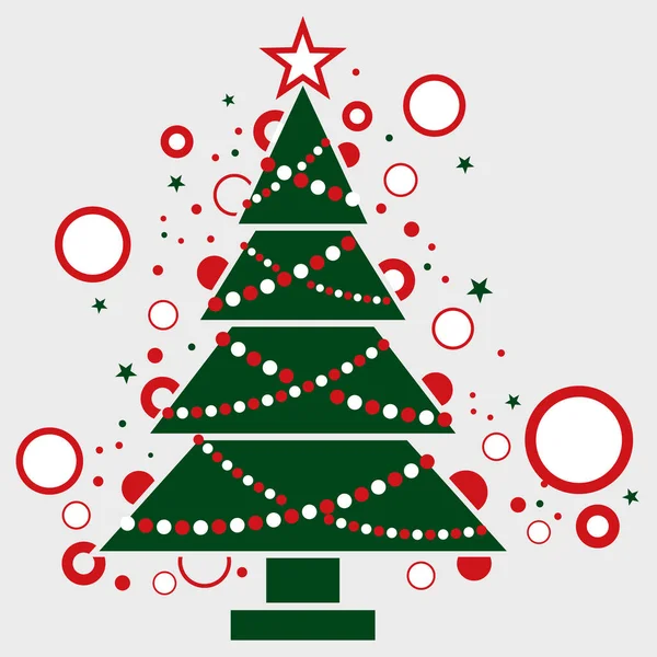 Albero Natale Formato Triangoli Verdi Ornati Cerchi Rossi Bianchi Stelle — Vettoriale Stock